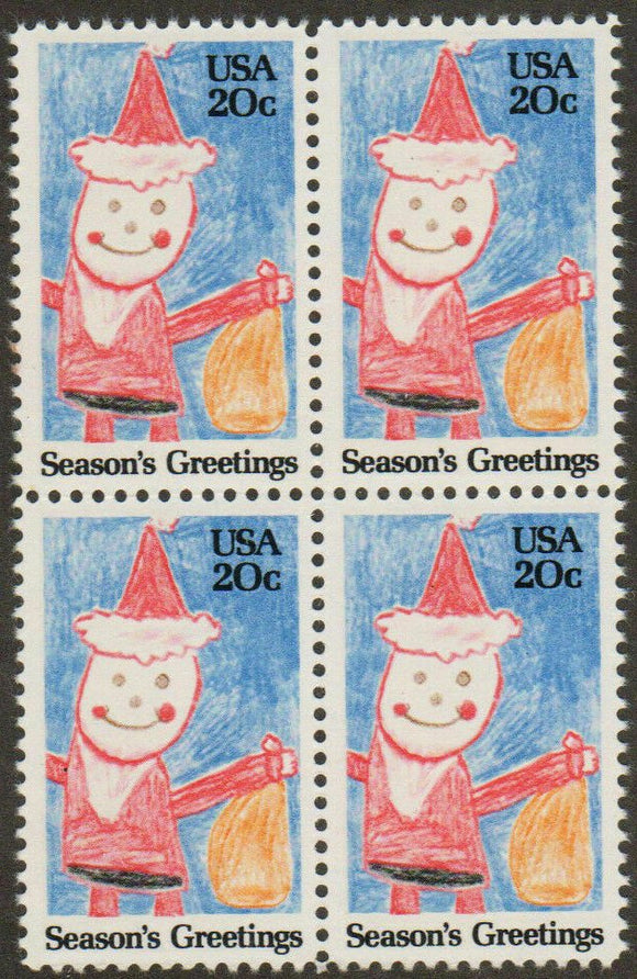 1984 Christmas Santa Claus Block of 4 20c Postage Stamps - Sc 2108 - MNH, OG - CWA7c