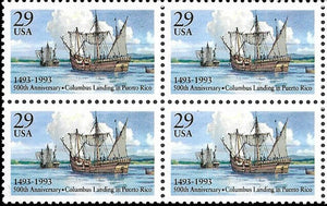 1993 Columbus Landing in Puerto Rico Block of 4 29c Postage Stamps - MNH, OG - Sc# 2805