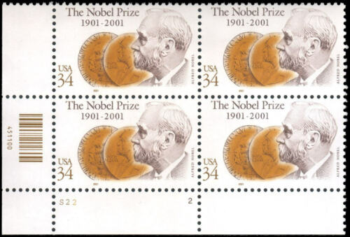 2001 Alfred Nobel Plate Block of 4 34c Postage Stamps - MNH, OG - Scott 3504