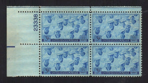 1945 US Navy Plate Block Of 4 3c Stamps - Scott# 935 - MNH, OG - CX582