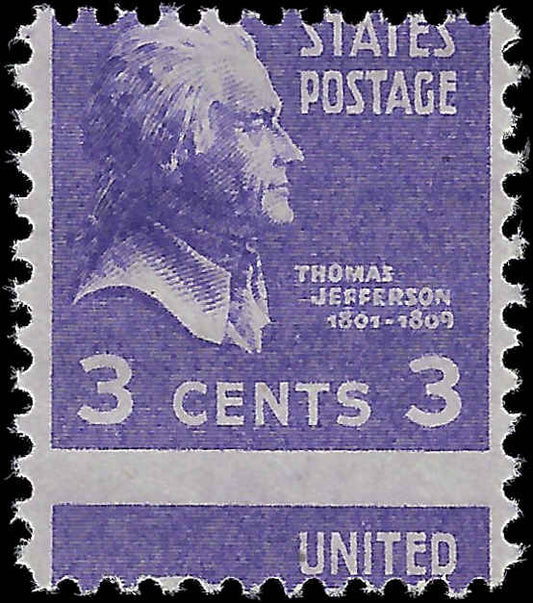 VEGAS - 1938 - Scott807 3c Jefferson Prexie Drastic Miss-Perforation - MNH, OG