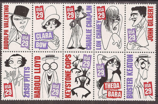 1994 Silent Screen Stars Block Of 10 29c Postage Stamps - Scott 2819--2828 - MNH, OG - CW314a