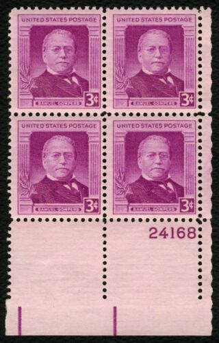 1950 Samuel Gompers Plate Block of 4 3c Postage Stamps - MNH, OG - Scott 988