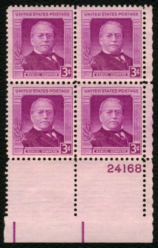 1950 Samuel Gompers Plate Block of 4 3c Postage Stamps - MNH, OG - Sc# 988