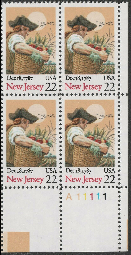 1987 New Jersey - Constitution Ratification Plate Block of 4 22c Postage Stamps - MNH, OG - Scott 2338