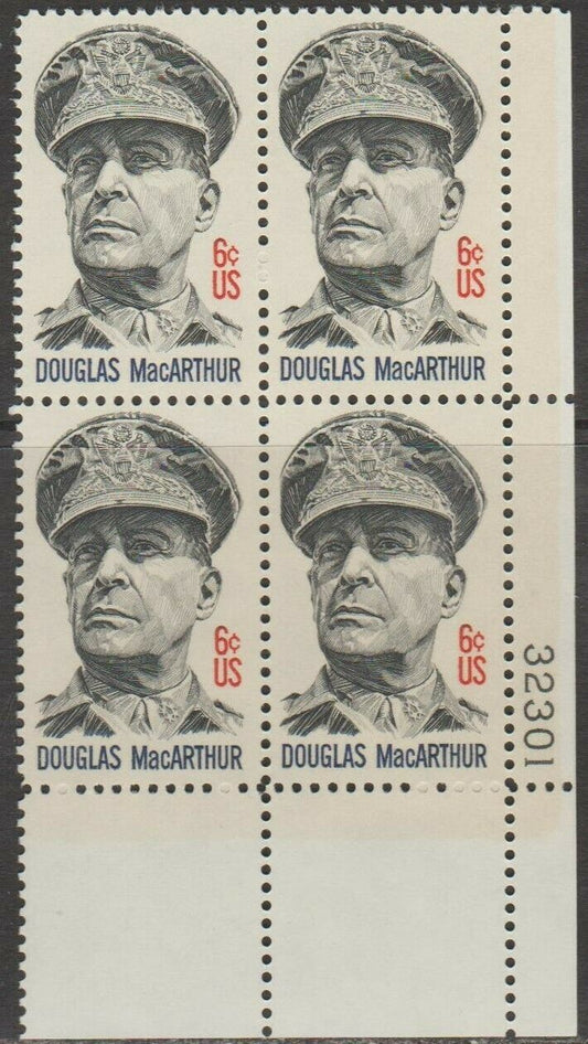1971 General Douglass MacArthur Plate Block Of 4 6c Postage Stamps - MNH, OG - Scott 1424 - CX303