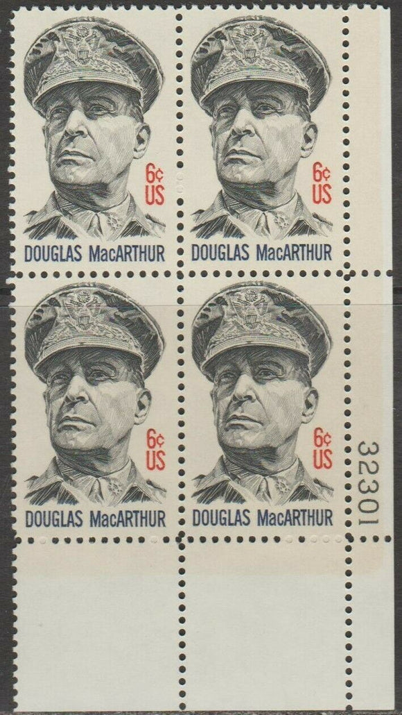 1971 General Douglass MacArthur Plate Block Of 4 6c Postage Stamps - MNH, OG - Sc# 1424 - CX303
