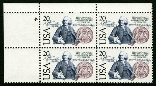 1983 USA - Sweden 1783 Treaty Plate Block of 4 Postage Stamps - MNH, OG - Scott 2036