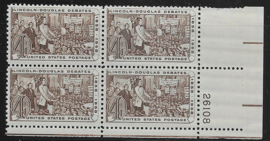 1958 Lincoln Douglas Debates Plate Block Of 4 3c Postage Stamps - Scott 1115 - MNH, OG - CX870