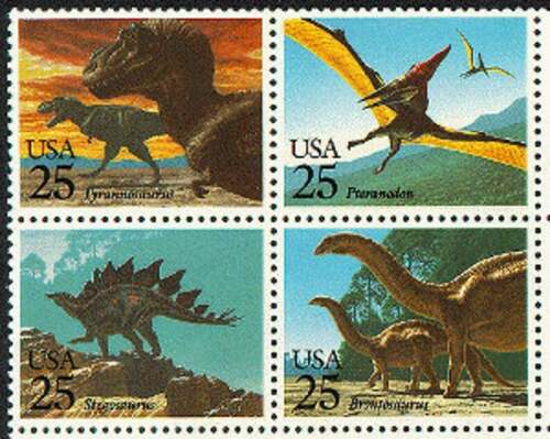 1989 Dinosaurs Prehistoric Animals Block Of 4 25c Postage Stamps Scott 2422-2425 - CW223