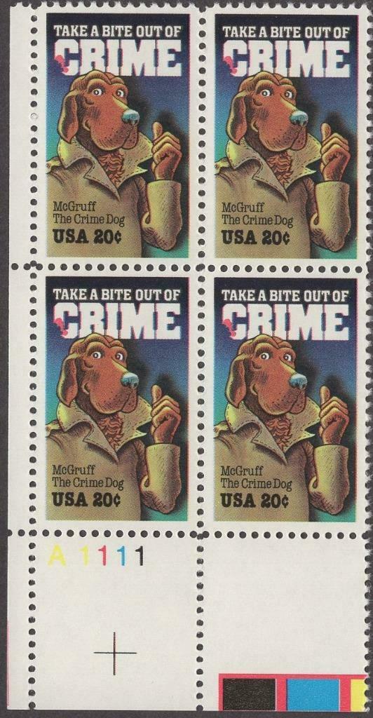 1984 Take a Bite Out Of Crime Plate Block of 4 20c Postage Stamps - MNH, OG - Scott 2102