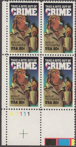 1984 Take a Bite Out Of Crime Plate Block of 4 20c Postage Stamps - MNH, OG - Sc# 2102