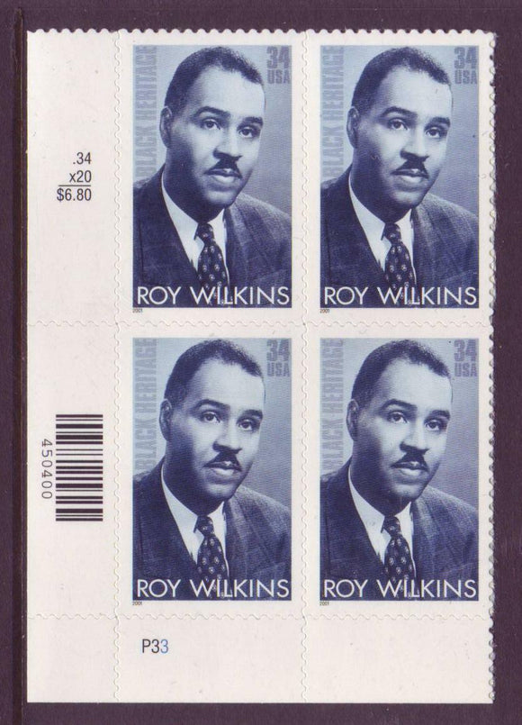 2001 Roy Wilkins Plate Block Of 4 34c Postage Stamps - Sc 3501 - MNH - CX838