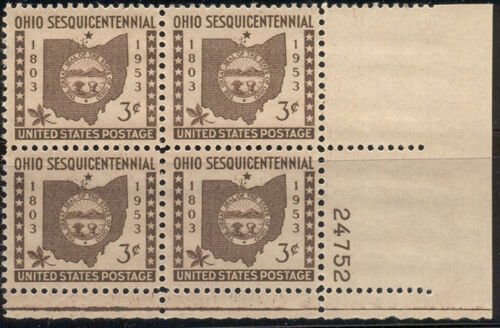 1953 Ohio Statehood Plate Block Of 4 3c Postage Stamps - Sc 1018 - MNH, OG - CX861