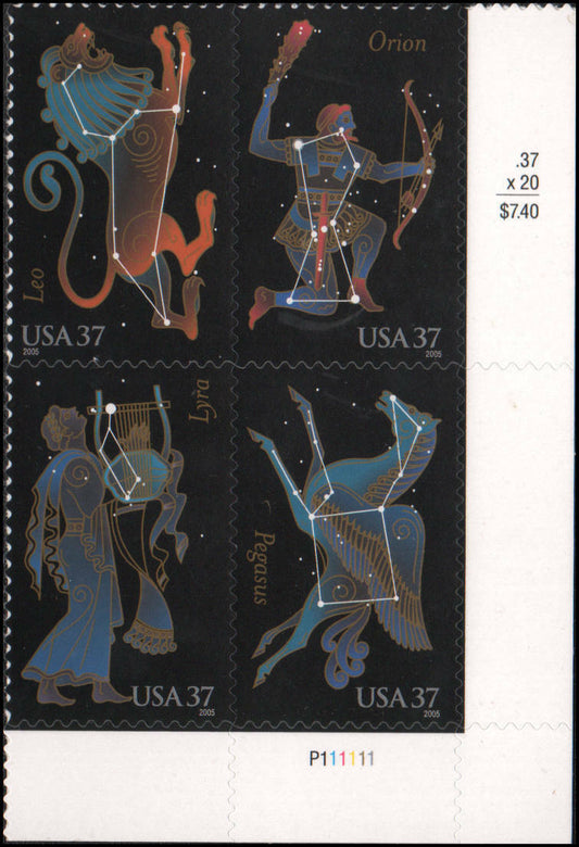 2005 Constellations Plate Block of 4 37c Postage Stamps - MNH, OG - Scott 3945-3948