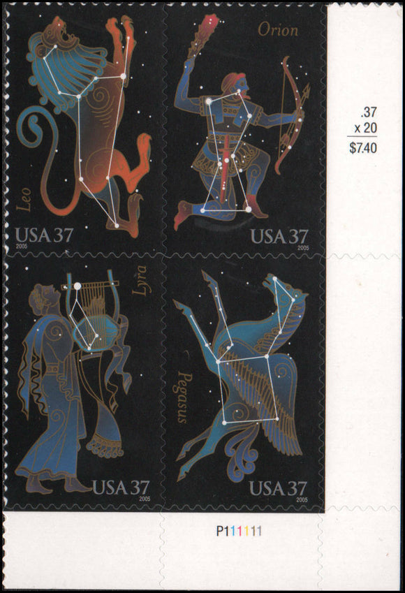 2005 Constellations Plate Block of 4 37c Postage Stamps - MNH, OG - Sc# 3945-3948