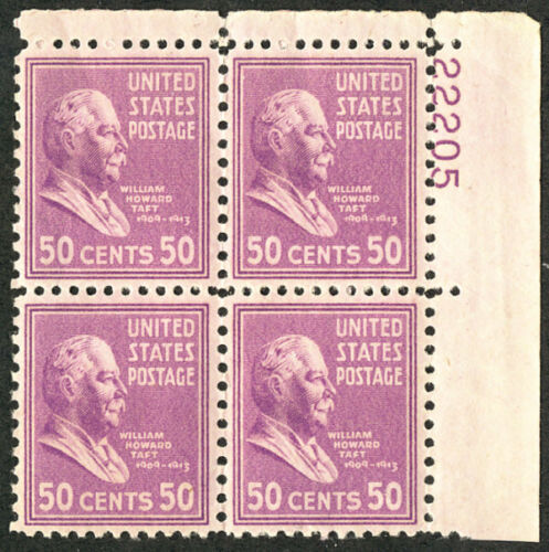 1938 President William H. Taft Plate Block of 4 50c Postage Stamps - Sc# 831 - MNH,OG