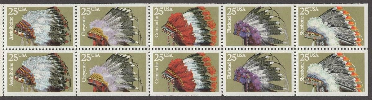 1990 Indian Headdresses Booklet Pane of 10 25c Postage Stamps - MNH, OG - Scott 2501-2505