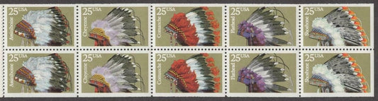 1990 Indian Headdresses Booklet Pane of 10 25c Postage Stamps - MNH, OG - Scott 2501-2505