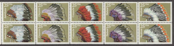1990 Indian Headdresses Booklet Pane of 10 25c Postage Stamps - MNH, OG - Sc# 2501-2505