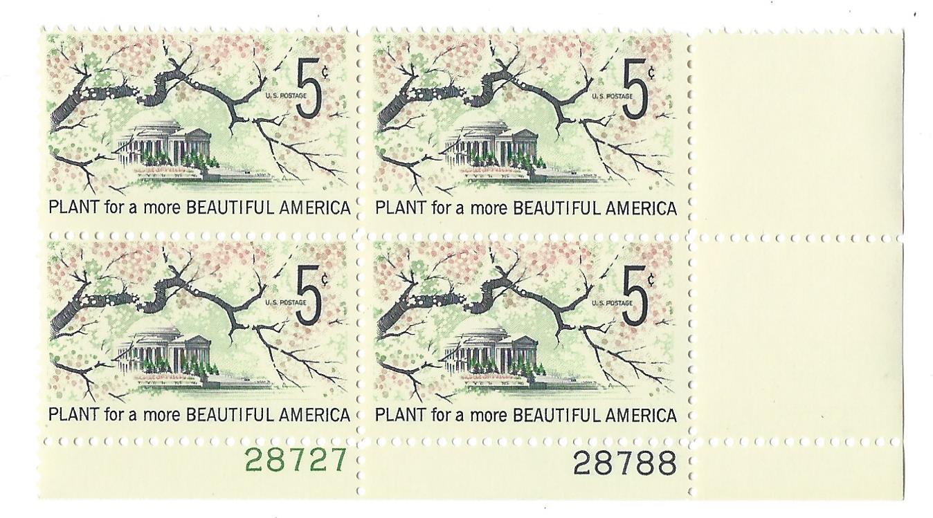 1966 Plant For More Beautiful America Plate Block Of 4 5c Postage Stamps - MNH, OG - Scott 1318`- CX236