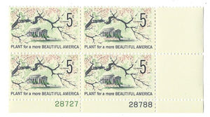 1966 Plant For More Beautiful America Plate Block Of 4 5c Postage Stamps - MNH, OG - Sc# 1318`- CX236