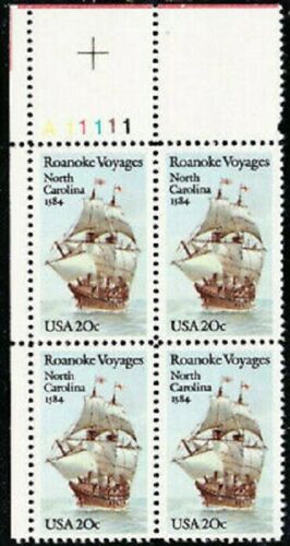 1984 Roanoke Voyages Plate Block Of 4 20c Postage Stamps - Scott 2093 - MNH, OG - CW34a