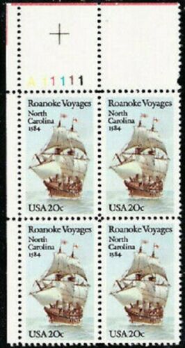 1984 Roanoke Voyages Plate Block Of 4 20c Postage Stamps - Sc# 2093 - MNH, OG - CW34a