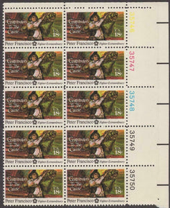 1975 Peter Francisco Plate Block of 10 18c Postage Stamps - MNH, OG - Sc# 1562 - BC46a