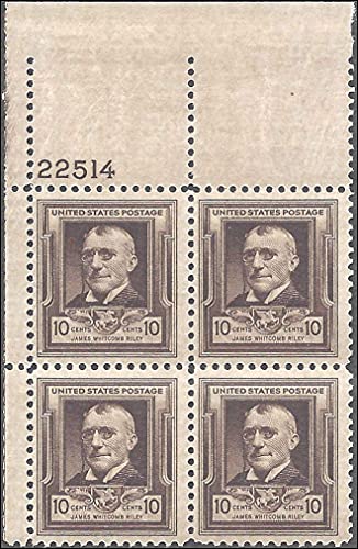 1940 James Whitcomb Riley Plate Block of 4 10c Postage Stamps - Scott 868 - MNH, OG