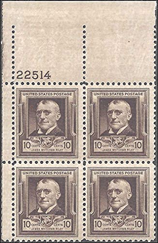 1940 James Whitcomb Riley Plate Block of 4 10c Postage Stamps - Sc# 868 - MNH, OG