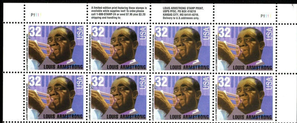 1995 Louis Armstrong Plate Block Of 8 32c Postage Stamps - MNH, OG - Scott# 2982 - DS192b