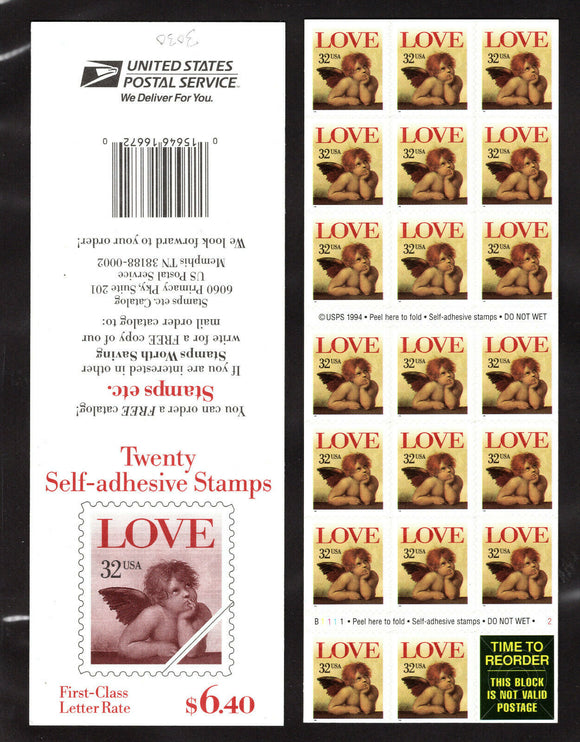 1996 Cherub by Raphael Love Valentine's Pane of 20 32c Postage Stamps - MNH, OG - Sc# 3030