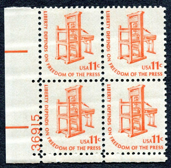 1975 Freedom Of the Press Plate Block Of 4 11c Postage Stamps - Sc# 1593 - MNH, OG - CX469