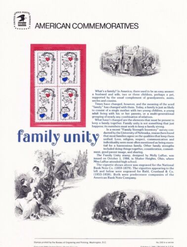 1984 Family Unity Commemorative Panel With 20c Postage Stamps - Scott 2104 - MNH, OG - DR172