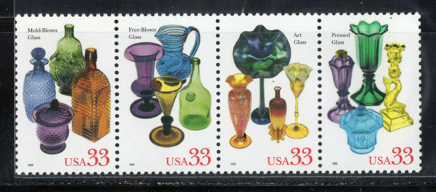 1999 American Glass Strip of 4 33c Postage Stamps - MNH, OG - Scott3325- 3328