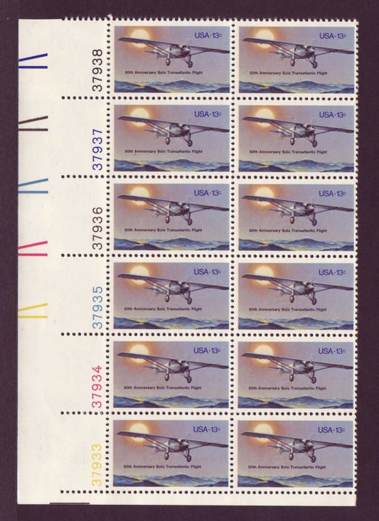 1977 Anniversary Solo Transatlantic Flight Plate Block of 12 13c Postage Stamps - MNH, OG - Scott 1710