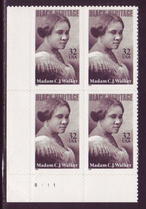 1998 - Madam C.J. Walker Plate Block Of 4 32c Postage Stamps - Sc# - 3181 - MNH, OG - CX847