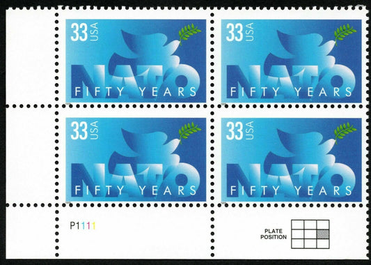 1999 Nato-50th Anniv. Plate Block of 4 33c Postage Stamps - MNH, OG - Scott 3354