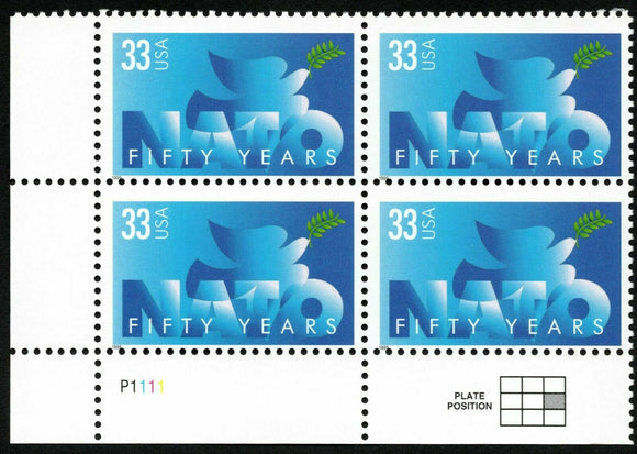1999 Nato-50th Anniv. Plate Block of 4 33c Postage Stamps - MNH, OG - Sc# 3354