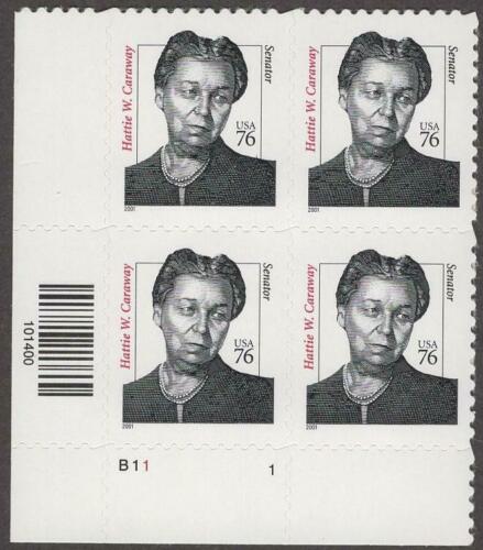 2001 Hattie Caraway Plate Block of 4 Postage Stamps - MNH, OG - Scott 3431