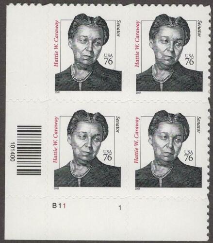 2001 Hattie Caraway Plate Block of 4 Postage Stamps - MNH, OG - Sc# 3431