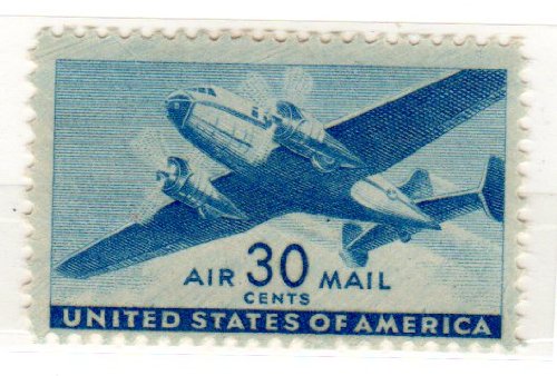 1941-44 Twin-Motored Transport Plane, Single 30c Airmail Postage Stamp  -  Scott C30 -  MNH,OG