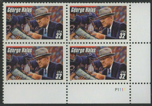 1997 George Halas Football Coach Plate Block of 4 32c Postage Stamps - MNH, OG - Scott 3150