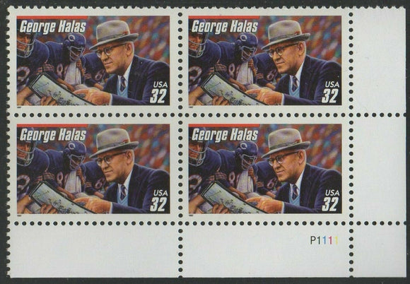 1997 George Halas Football Coach Plate Block of 4 32c Postage Stamps - MNH, OG - Sc# 3150