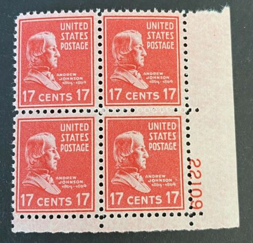 1938 President Andrew Johnson Plate Block of 4 17c Postage Stamps -  Scott 822 - MNH,OG