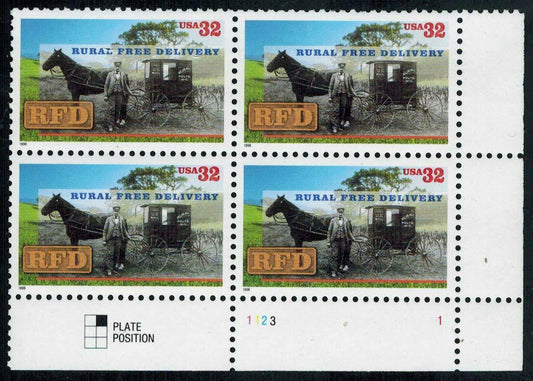 1996 RFD Rural Free Delivery Plate Block Of 4 32c Postage Stamps - Scott 3090 - MNH, - CW366