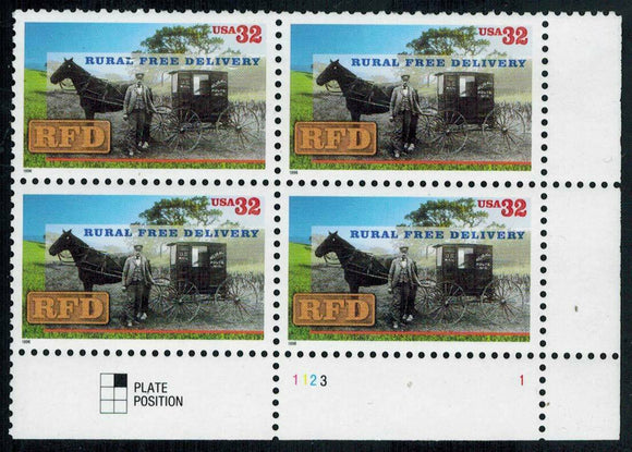 1996 RFD Rural Free Delivery Plate Block Of 4 32c Postage Stamps - Sc# 3090 - MNH, - CW366