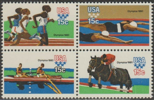 1979 1980 Olympics Block of 4 15c Postage Stamps - MNH, OG - Scott 1791-1794