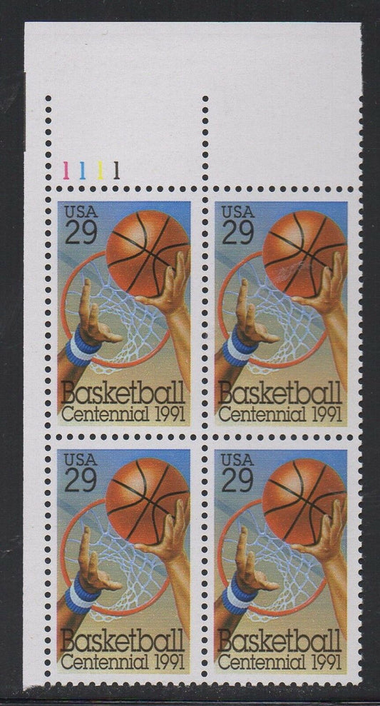 1991 Basketball, 100th Anniversary Plate Block of 4 29c Postage Stamps - MNH, OG - Scott 2560
